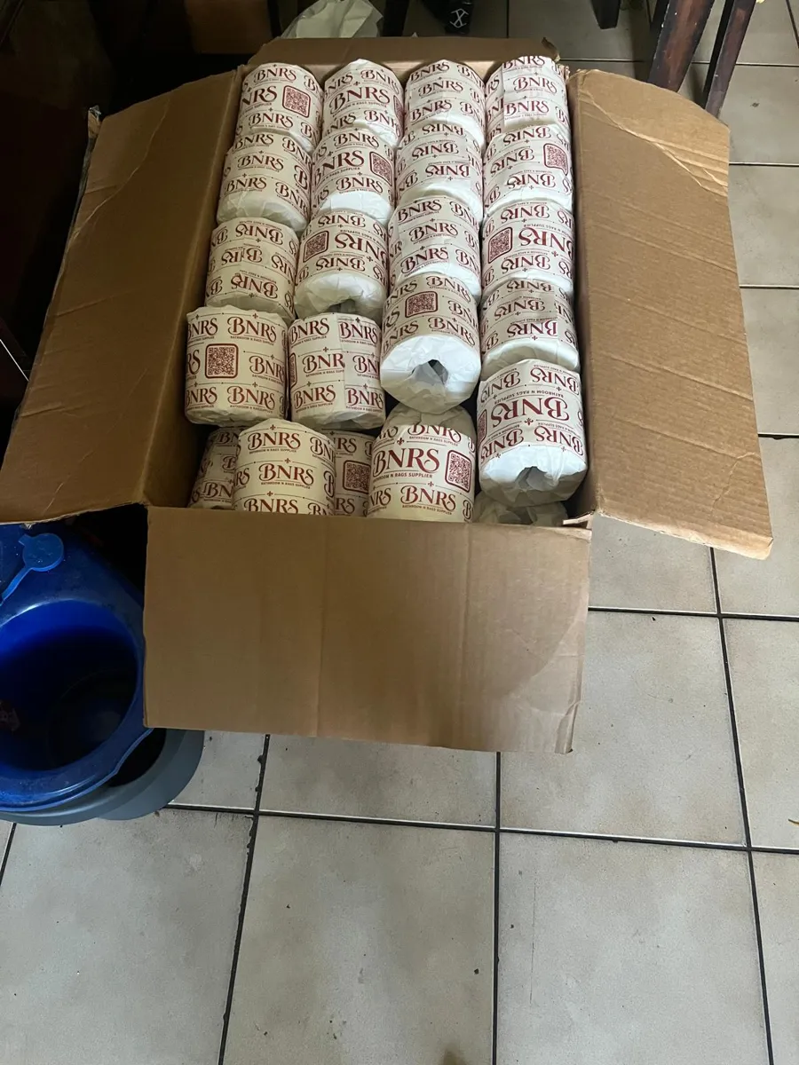Case of BNRS premium 2-ply virgin toilet paper — individually wrapped 500-sheet rolls with branded QR wrappers