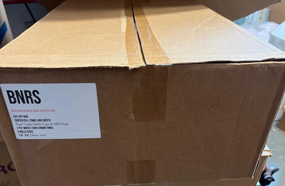 Case of BNRS center pull paper towels with label: 600 sheets, 6 rolls per case