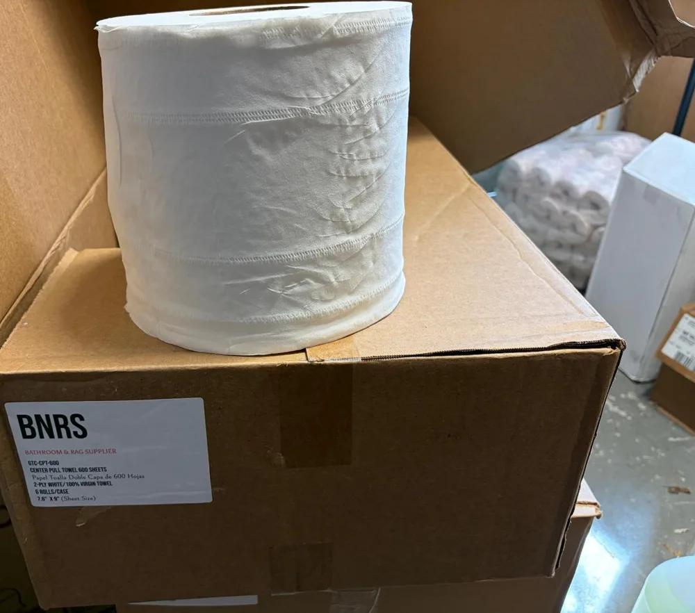BNRS center pull paper towel roll on its labelled case